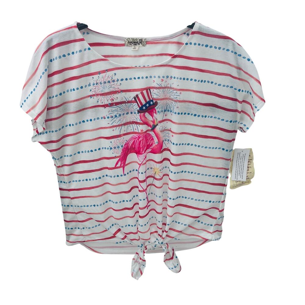 NWT One World Patriotic Flamingo Striped Tie Front Top Petite LG PL July 4th NWT